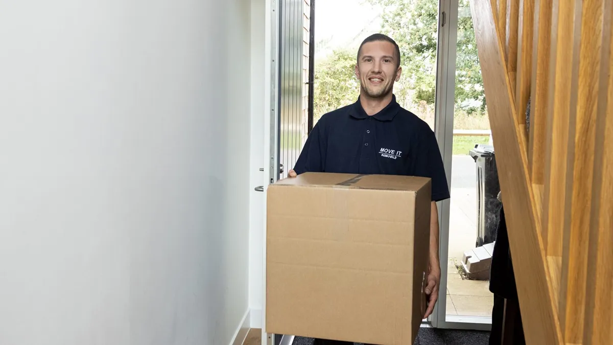 Move It crew carrying boxes Move It Removals team on a London move day